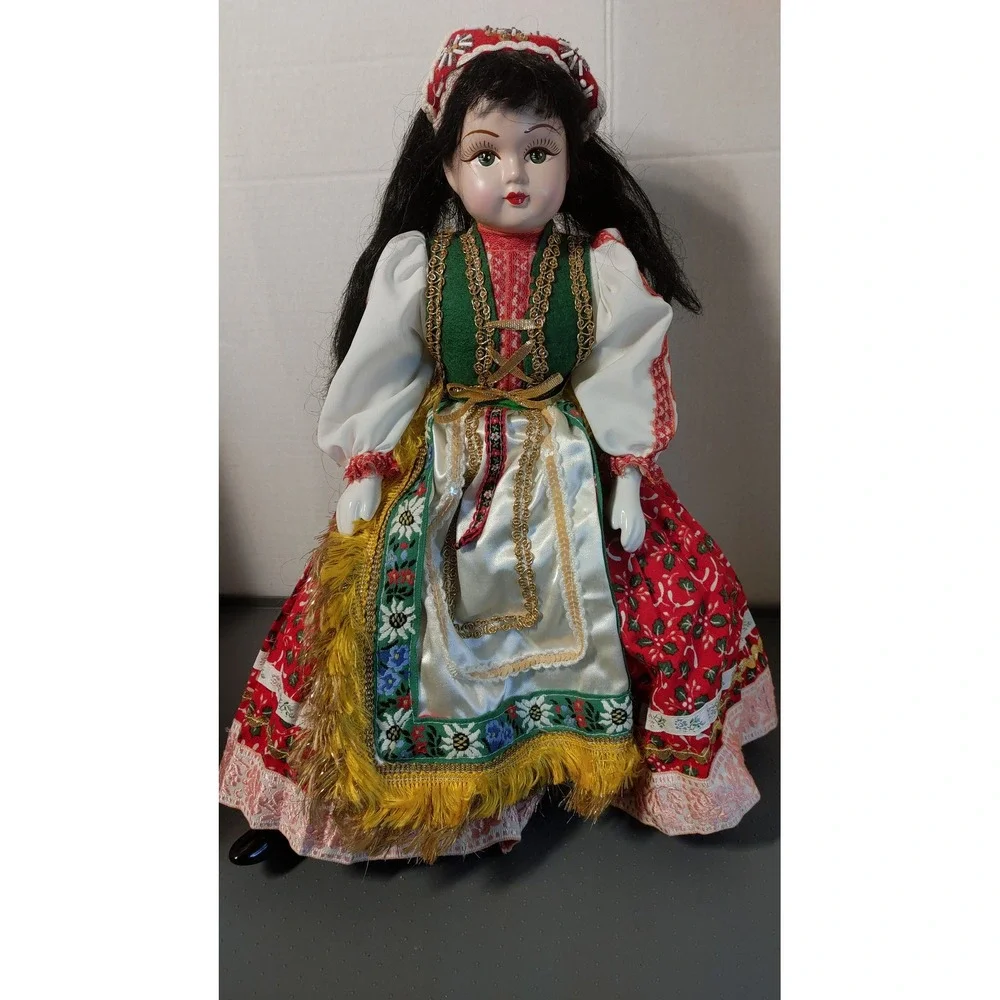Porcelain Doll Folk Art 16in Red Great Traditional Costume Seated